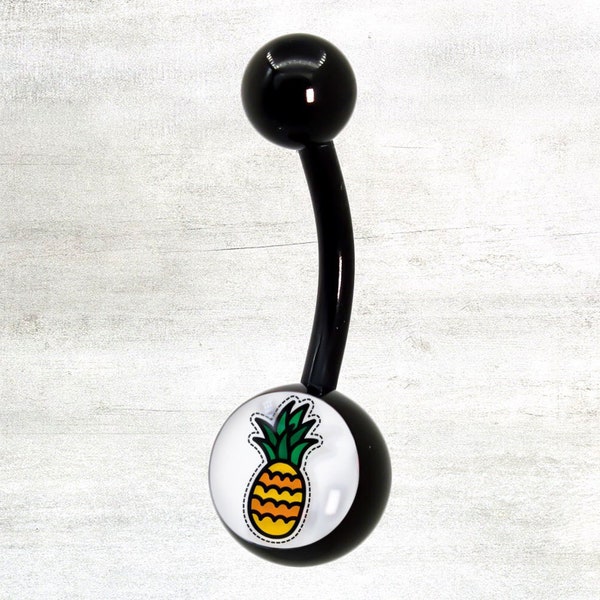 Pop Art Pineapple, Cute Belly Ring, Original Design Acrylic Black PVD Coating 316L Surgical Steel, 14G Curved Barbell, Navel Piercing