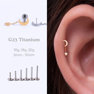 20G/18G/16G Celestial Moon Star Dangle Drop Stud Push Pin Labret, Helix Cartilage Earring, Flat Back Stud, Flat Back Earring, Helix Stud