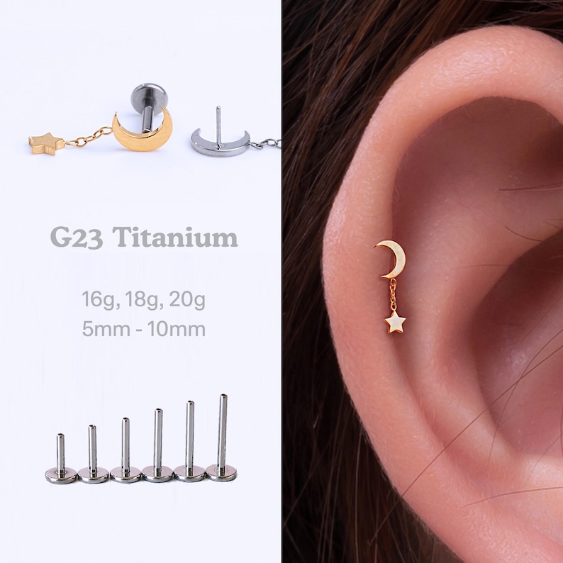 20G/18G/16G Celestial Dangle Moon Star Drop Stud Push Pin Labret, Helix Cartilage Earring, Flat Back Stud, Flat Back Earring, Helix Stud