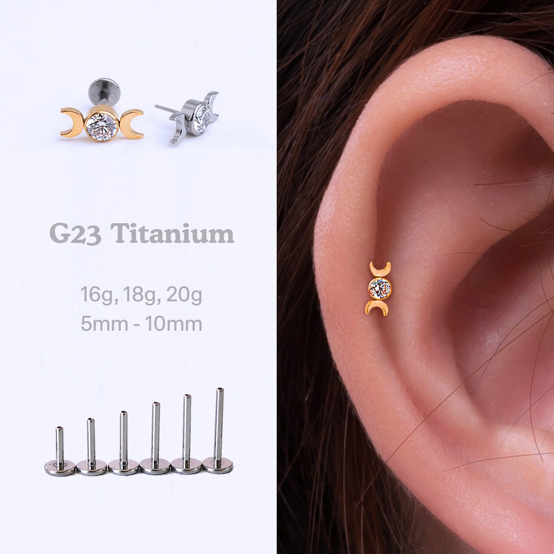 Titanium Cz Threadless Push Pin Labret, Moon Phase Flat Back Earring ...