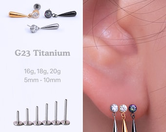 Dangle Teardrop CZ Titanium Labret, Threadless Push Pin Earring