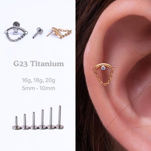 20G/18G/16G CZ Bar Detailed Chain Stud Push Pin Labret Cartilage Earring, Threadless Flat Back Stud, Cartilage Stud, Flat Back Earring
