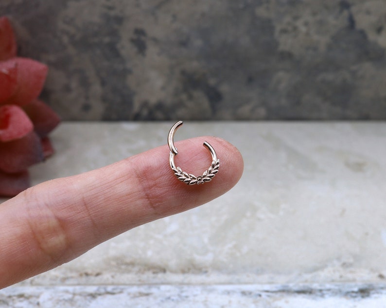 16g, Rose Gold Clicker, Daith Jewelry, Septum Ring, Dainty Leaf, 100% Surgical Steel 