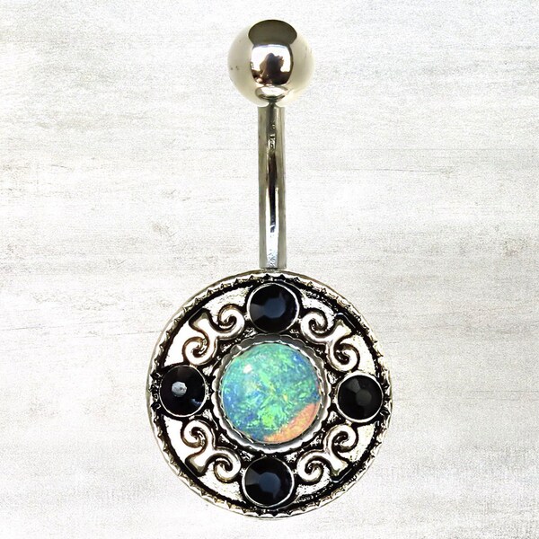 Double Gem Black PVD Plated 316L Surgical Steel Navel Ring - 14G, Multiple Lengths