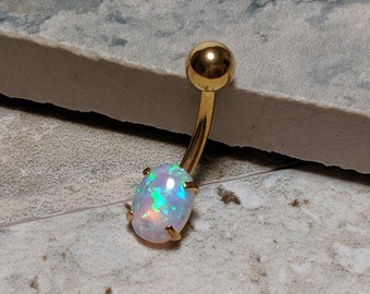 Opal Belly Ring, Navel Piercing, Dainty Belly Ring, Surgical Steel, 14G Curve Barbell, Navel Jewelry, Opal Belly Button Rings,