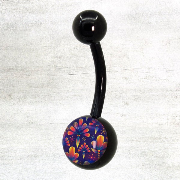 Pop Art Glowing Flower, Cute Belly Ring, Original Design Acrylic Black PVD Coating 316L Surgical Steel, 14G Curved Barbell, Navel Piercing