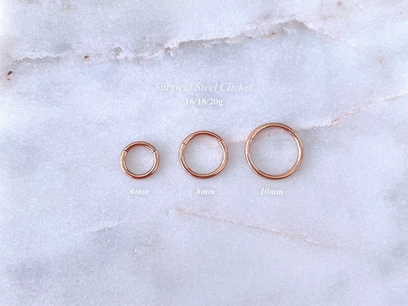 May include: Three surgical steel clicker rings in rose gold, 6mm, 8mm, and 10mm in diameter. Surgical Steel Clicker 16/18/20g