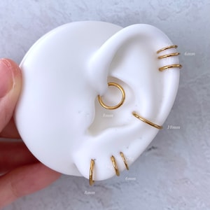 May include: Gold hoop earrings in various sizes, including 6mm, 8mm, and 10mm. The earrings are displayed on a white ear model.