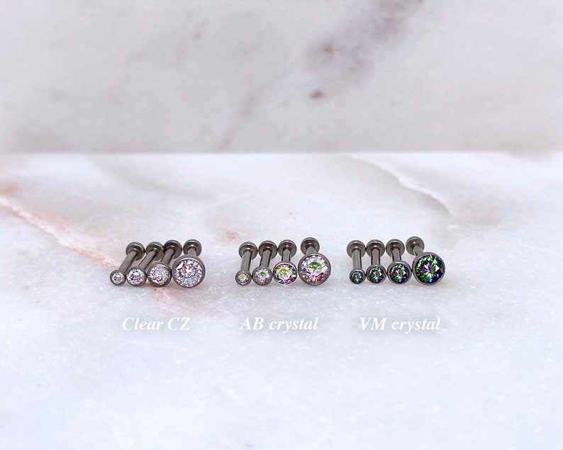 IMPLANT GRADE TITANIUM 20g 18g 16g Bezel Gem Stud, Push In Labret, Flat Back Earring, Forward Helix Jewelry, Cartilage Tragus Nose Piercing image 2