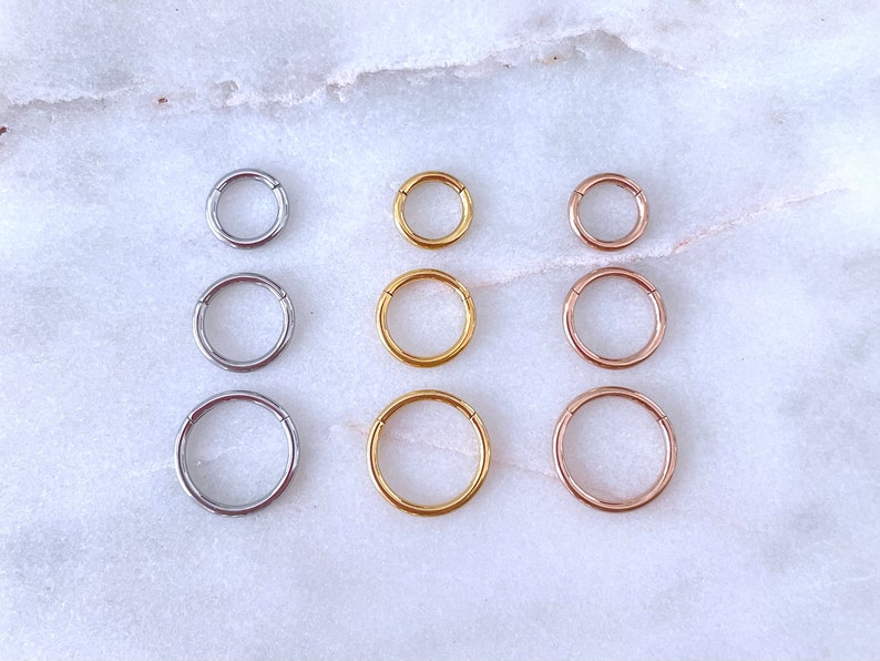May include: Nine seamless hoop earrings in three different sizes and three different colors: silver, gold, and rose gold.