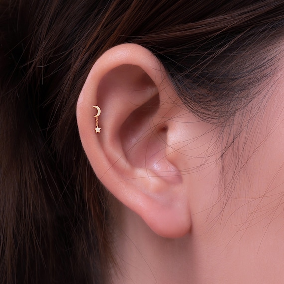 20G/18G/16G Romantic Celestial Moon Star Dangle Drop Push Pin Labret, Helix Cartilage Earring, Flat Back Stud, Flat Back Earring, Helix Stud