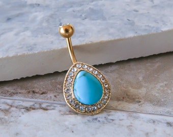 Turquoise Belly Button Rings, 18K Gold Plated Navel Jewelry, 14G Surgical Steel Belly Ring, 10mm Barbell