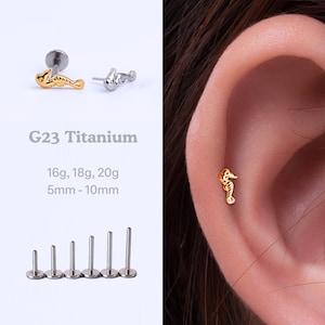 Titanium Threadless Push Pin Labret, Seahorse Flat Back Earring, Cartilage Tragus Helix Conch Stud, 16g 18g 20g