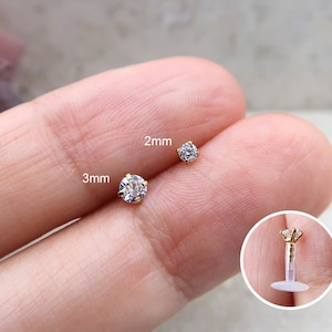 16G Prong Set Round CZ 316L Surgical Steel Top, Push-In, Bioflex Labret, Flat Back, Labret Stud, Monroe, Ear Cartilage