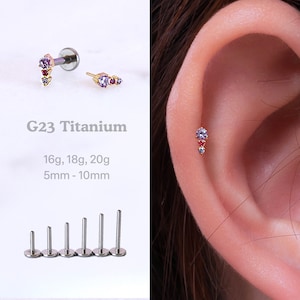 20G/18G/16G Triple Purple CZ Gem Stud Push Pin Labret, Helix Cartilage Earring, Flat Back Stud, Flat Back Earring, Helix Stud