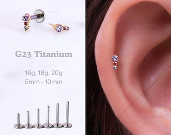 Triple Purple CZ Gem Titanium Labret, Helix Earring