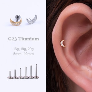20G/18G/16G Celestial Crescent CZ Moon Stud Push Pin Labret, Helix Cartilage Earring, Flat Back Stud, Flat Back Earring, Helix Stud