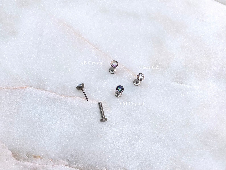 IMPLANT GRADE TITANIUM 20g 18g 16g Bezel Gem Stud, Push In Labret, Flat Back Earring, Forward Helix Jewelry, Cartilage Tragus Nose Piercing image 3