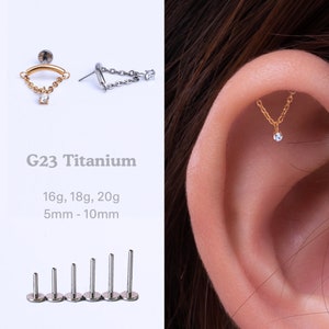 20G/18G/16G Hidden Helix Delicate Chain Drop CZ Stud Push Pin Labret Cartilage Earring, Threadless Flat Back Stud, Flat Back Earring