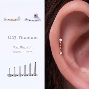 20G/18G/16G Double CZ Gem Dangle Push Pin Labret Cartilage Earring, Threadless Flat Back Stud, Cartilage Stud, Flat Back Earring