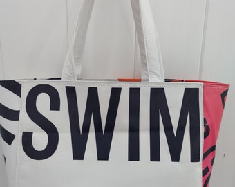 Swim in Style.  Our Classic tote design works for all seasons, markets and get-togethers.  Creation by repurpose designer, Chris M.