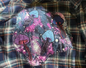 upcycled flannel with handmade mushroom galaxy scene