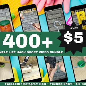 Puede incluir: Un gráfico de estrella verde y negro con el texto "400+ SIMPLE LIFE HACK SHORT VIDEO BUNDLE" y "Just 5 €". El gráfico está rodeado de imágenes de varios trucos de la vida, incluyendo un frasco de comida, una regla, un gancho, un martillo, una tapa de botella y una cuchara de madera.