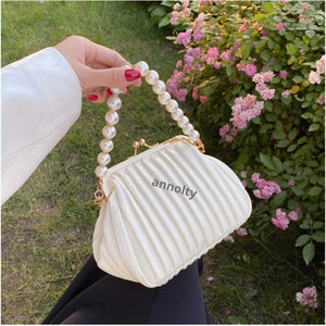 2 Size Bags for Women White Pearl Beaded Small Top-Handle