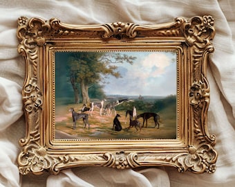 Vintage Greyhound Dog Painting in Print | Nine Greyhounds in a Landscape (1807)  by Jacques–Laurent Agasse