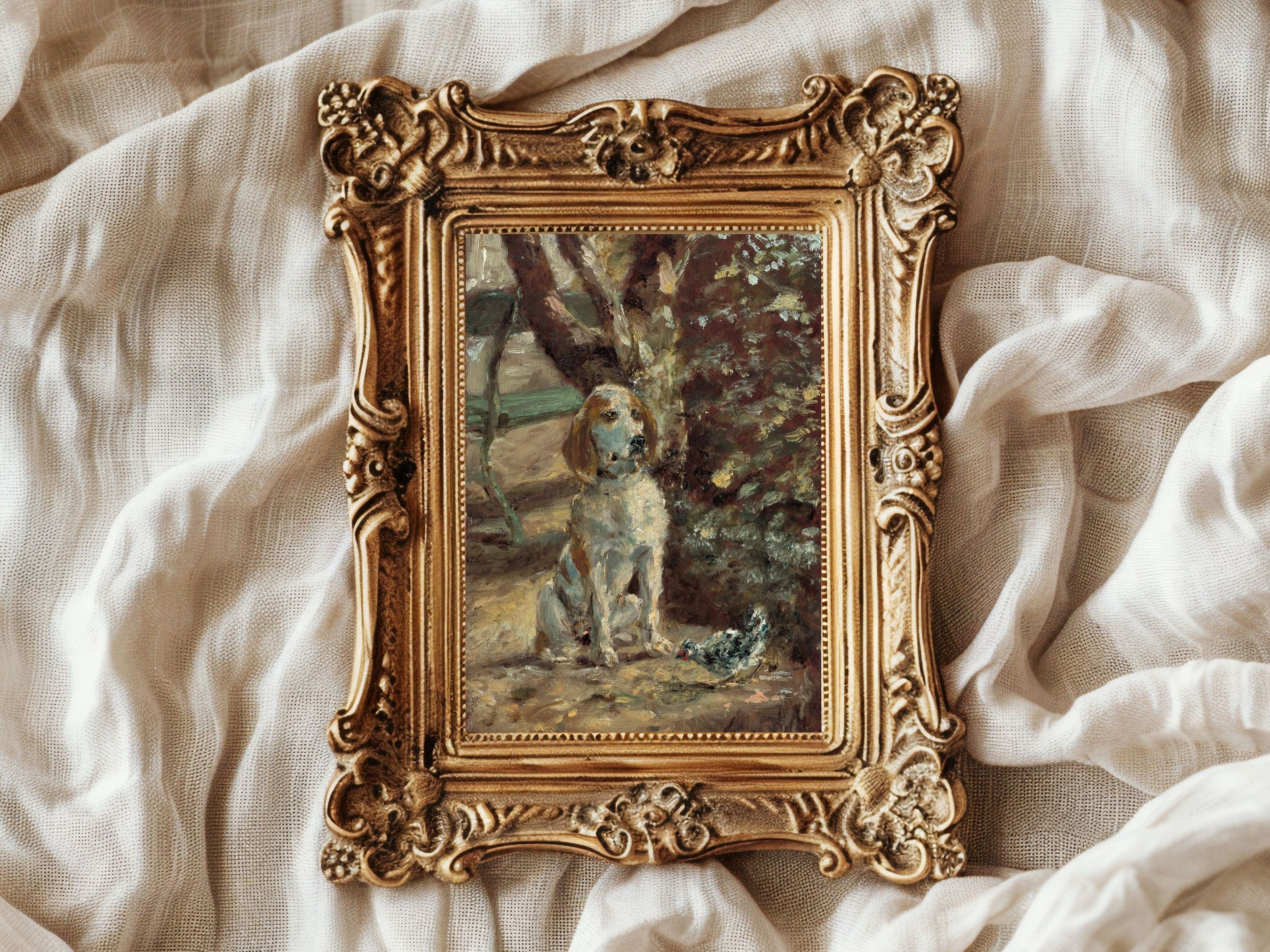 美術品・アンティーク・コレクション 子供と犬の風景画 金色フレーム