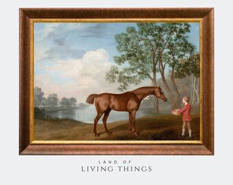 May include: A painting of a brown horse standing in a field with a young person holding a bowl. The painting is framed in a brown and gold frame. The text "LAND OF LIVING THINGS" is below the frame.