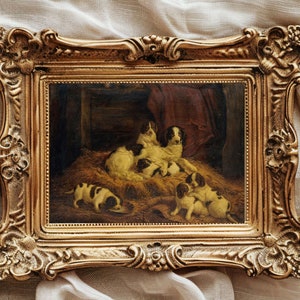 Vintage Print of a Painting of a Mother Dog and Her Pups, Ready to be Framed, Vintage Wall Art, Vintage Print