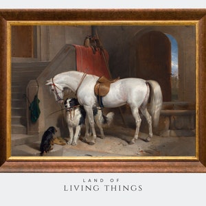 Horse and Dogs, Vintage Painting, Print