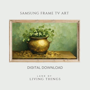 May include: A digital download of a painting depicting a gold pot filled with shamrocks and surrounded by gold coins on a wooden table. The background is a green gradient. The text "LAND OF LIVING THINGS" is below the image.