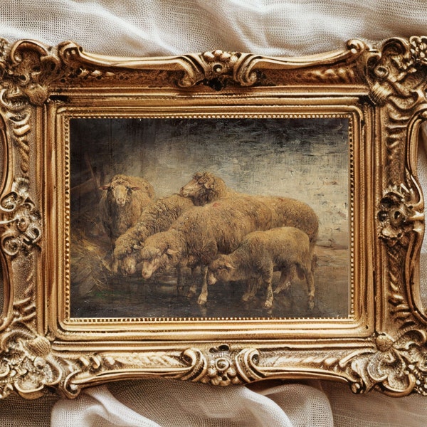 Vintage Painting of Sheep in a Barn, In Print