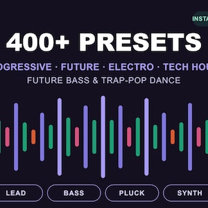Puede incluir: Un gráfico digital para Serum 2 que muestra el texto 400+ PRESETS, PROGRESSIVE, FUTURE, ELECTRO, TECH HOUSE, FUTURE BASS & TRAP-POP DANCE, INSTANT DOWNLOAD, LEAD, BASS, PLUCK y SYNTH con una onda sonora colorida sobre fondo oscuro.