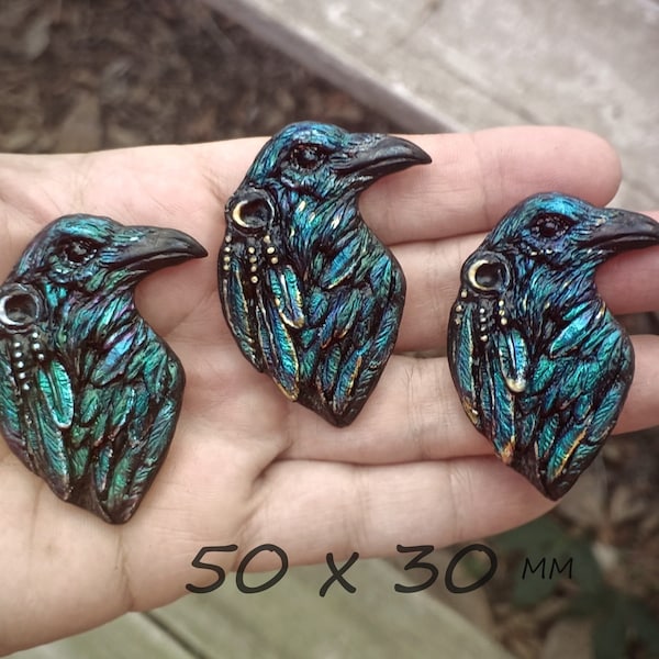 Large Black  Raven  Spirit Cabochon, Polymer Clay Iridescent Raven/Crow cab