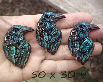 Large Black  Raven  Spirit Cabochon, Polymer Clay Iridescent Raven/Crow cab