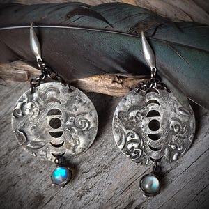 Moon Phase Dangle Earrings –  Witchy Moon Lunar Earrings with Aurora Aura Quartz Crystals