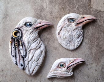 White Flat back Raven Cabochon, Polymer Clay White Crow cabochons