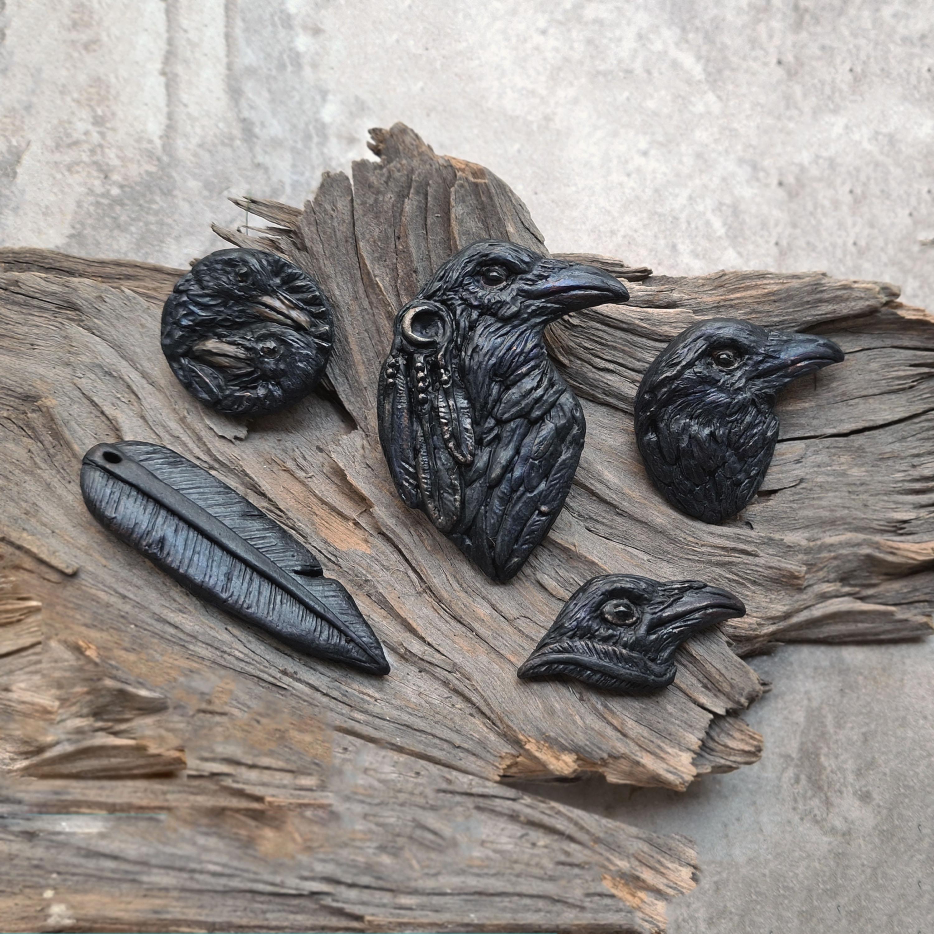 Black Raven/ Crow  Flat back Cabochon, Polymer Clay Black Bird Cabochons with Silver Touch