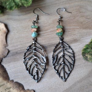 Forest Witch Earrings – Soldered Leaf Dangles with Raw Green Aventurine & Unakite Gemstones | Nature Jewelry