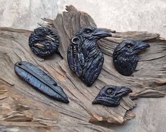 Raven Cabochon for Jewelry Making – Black Crow Flat Back Polymer Clay Focal Piece