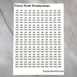 Pode incluir: Uma folha de papel branca com o texto "Fuzzy Scale Productions" no topo. A folha é dividida em uma grade de 10 linhas e 12 colunas. Cada célula contém um quadrado branco com texto preto que diz "SBF", "PMT", ou "Note".