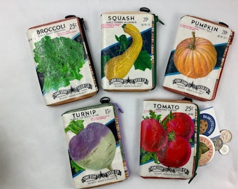 Vintage Lone Star Seed Vegetable Seed Packet Zippered Coin Purse | Broccoli | Squash | Pumpkin | Turnip | Tomato | Mother’s Day