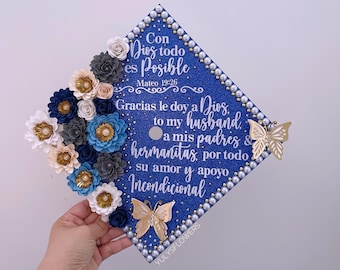 Custom Graduation Cap Topper Personalized Grad Cap, Class of 2025, Flower Graduation Cap Design, Birrete Gorro de Graduacion Personalizado