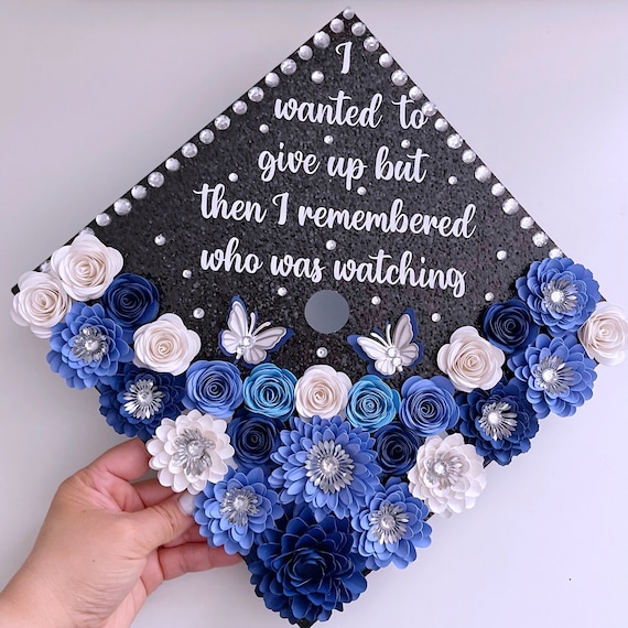 Blue 3D Flowers Graduation Cap Topper, Custom Grad Cap, Floral 