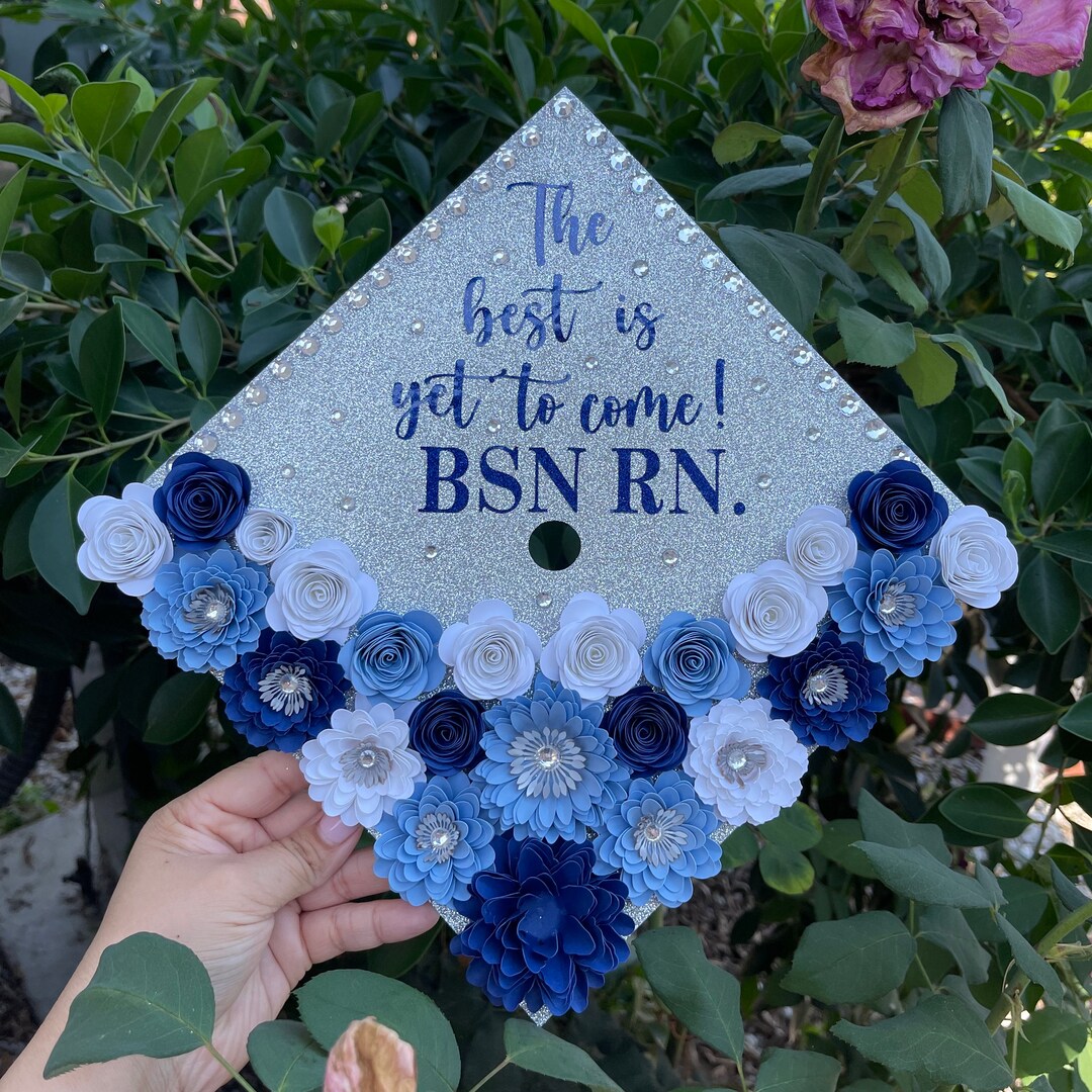 Blue 3D Flowers Graduation Cap Topper, Custom Grad Cap, Floral Grad Cap