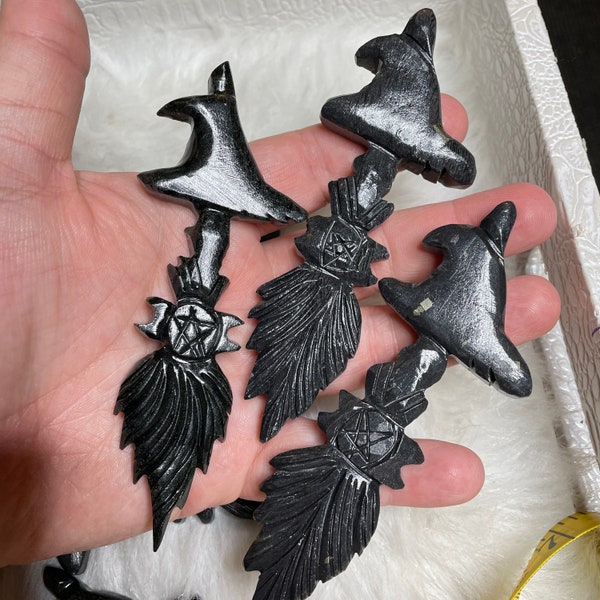 970g Black Jade Crystal Cat on Broom and Witch Hat Carving