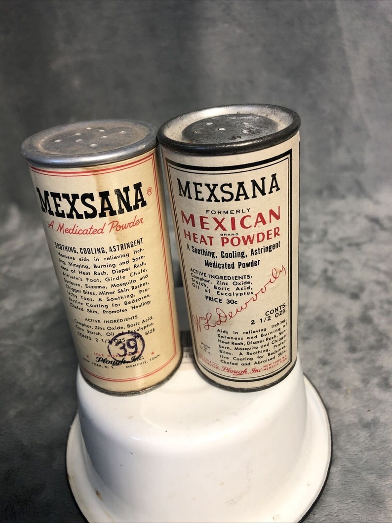 Lot of 2 Vintage Mexsana Heat Powder Tin Can 3.75\u201d Tall 2.5 oz Size